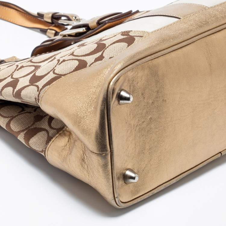 Pre Owned Coach Metallic Gold/Silver Signature Canvas And Leather Tote