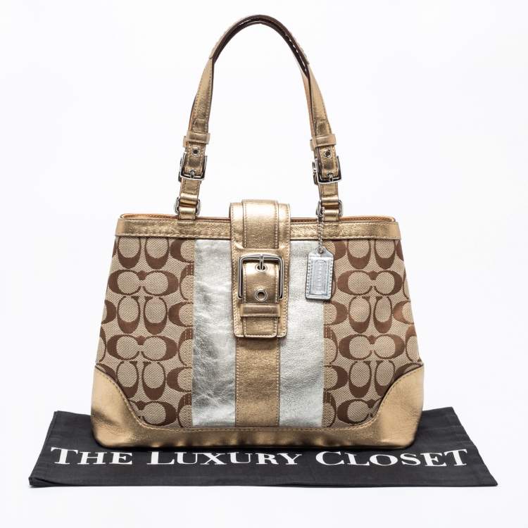 Pre Owned Coach Metallic Gold/Silver Signature Canvas And Leather Tote