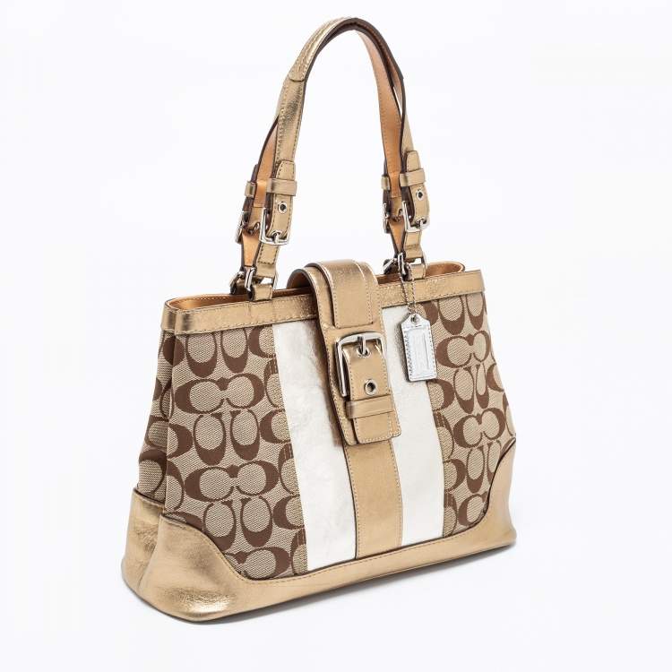 Pre Owned Coach Metallic Gold/Silver Signature Canvas And Leather Tote