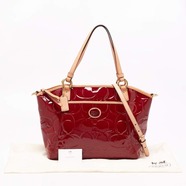 Pre Owned Coach Red/Beige Signature Embossed Patent Leather Peyton Tote