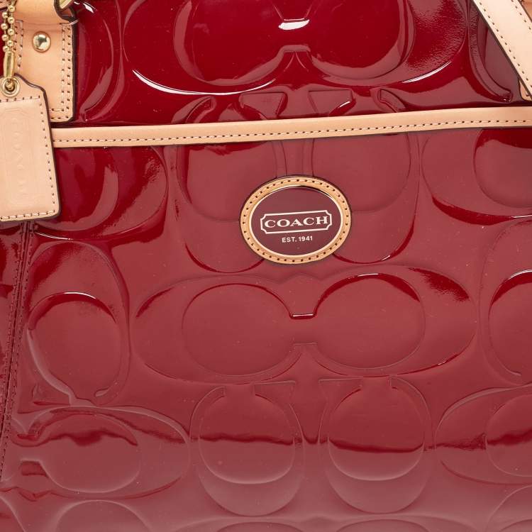 Pre Owned Coach Red/Beige Signature Embossed Patent Leather Peyton Tote