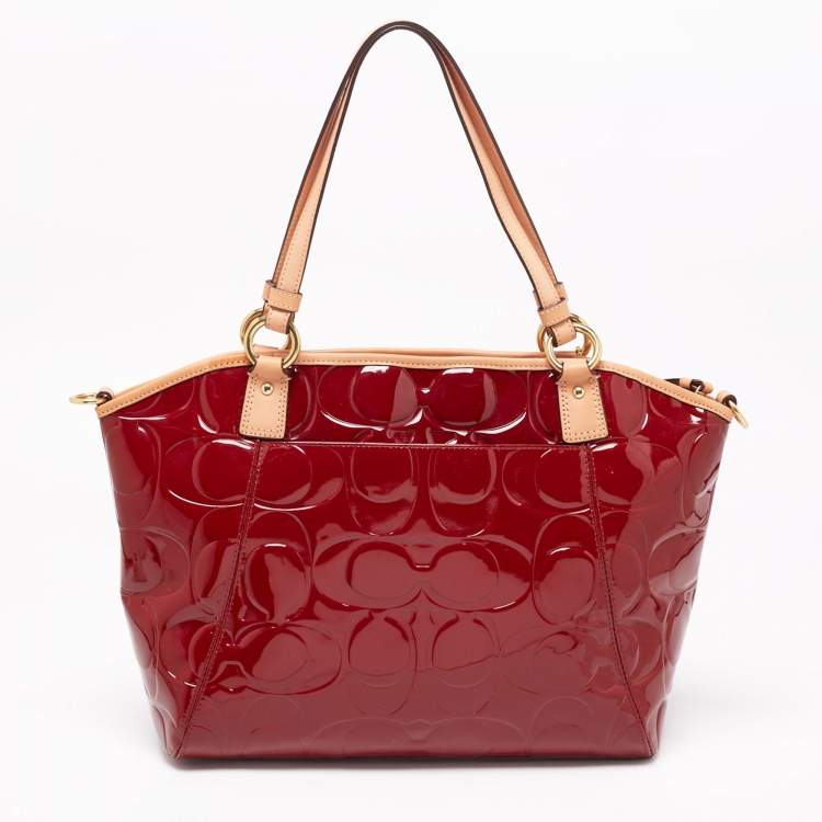 Pre Owned Coach Red/Beige Signature Embossed Patent Leather Peyton Tote