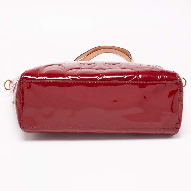 Pre Owned Coach Red/Beige Signature Embossed Patent Leather Peyton Tote