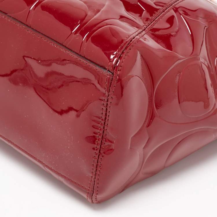 Pre Owned Coach Red/Beige Signature Embossed Patent Leather Peyton Tote