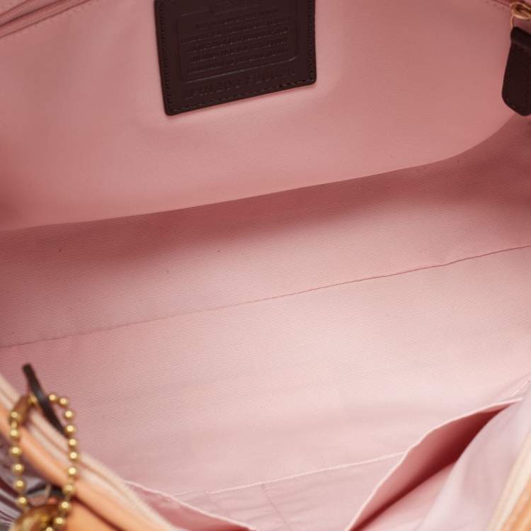 Pre Owned Coach Red/Beige Signature Embossed Patent Leather Peyton Tote