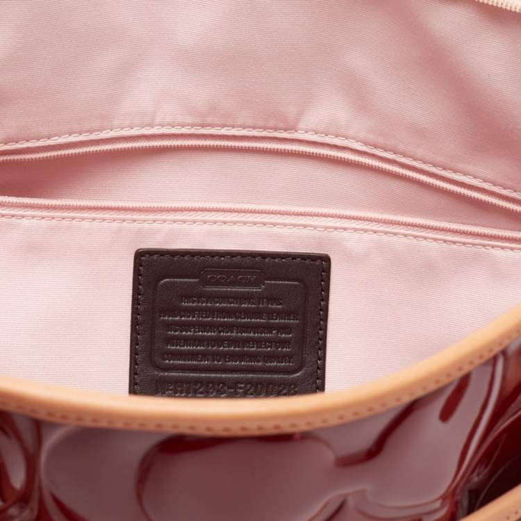 Pre Owned Coach Red/Beige Signature Embossed Patent Leather Peyton Tote