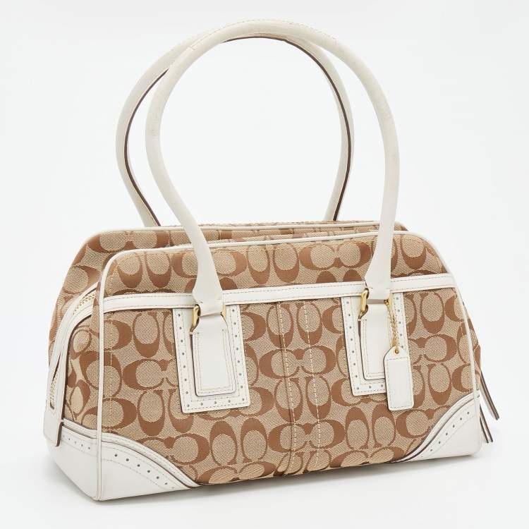 Pre Owned Coach Beige/White Signature Canvas and Leather Satchel