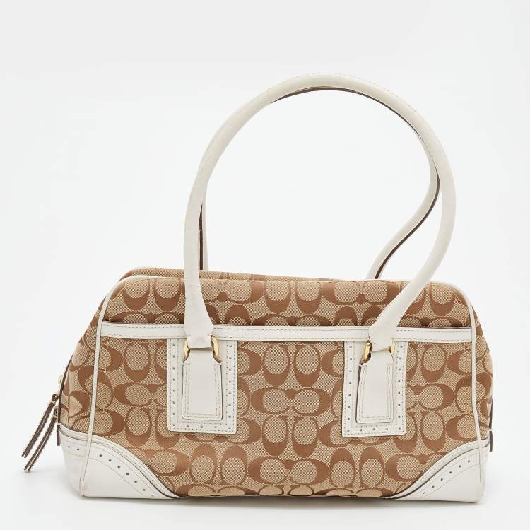 Pre Owned Coach Beige/White Signature Canvas and Leather Satchel
