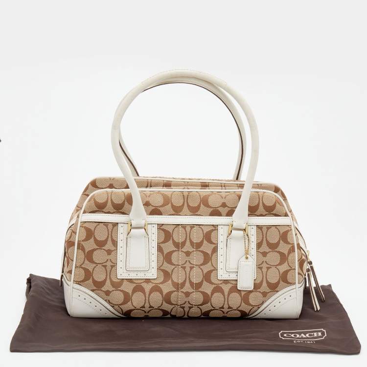 Pre Owned Coach Beige/White Signature Canvas and Leather Satchel