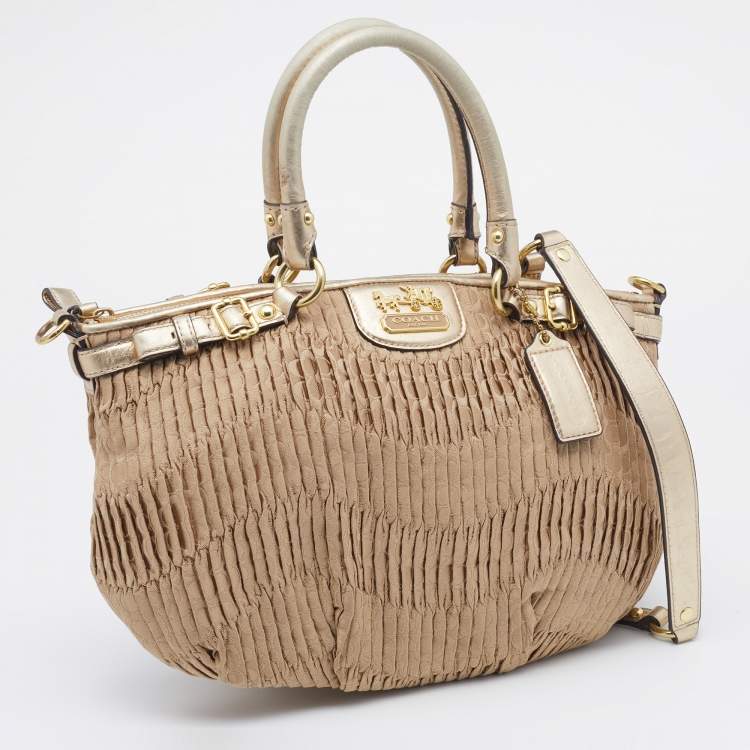 Pre Owned Coach Beige/Gold Signature Pleated Canvas and Leather Sophia Madison Satchel