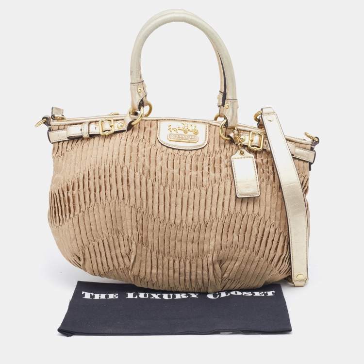 Pre Owned Coach Beige/Gold Signature Pleated Canvas and Leather Sophia Madison Satchel