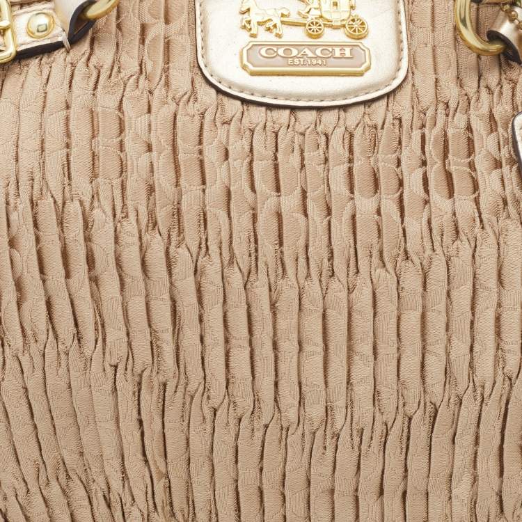 Pre Owned Coach Beige/Gold Signature Pleated Canvas and Leather Sophia Madison Satchel