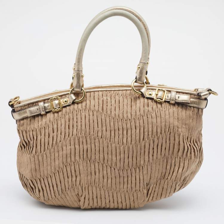 Pre Owned Coach Beige/Gold Signature Pleated Canvas and Leather Sophia Madison Satchel