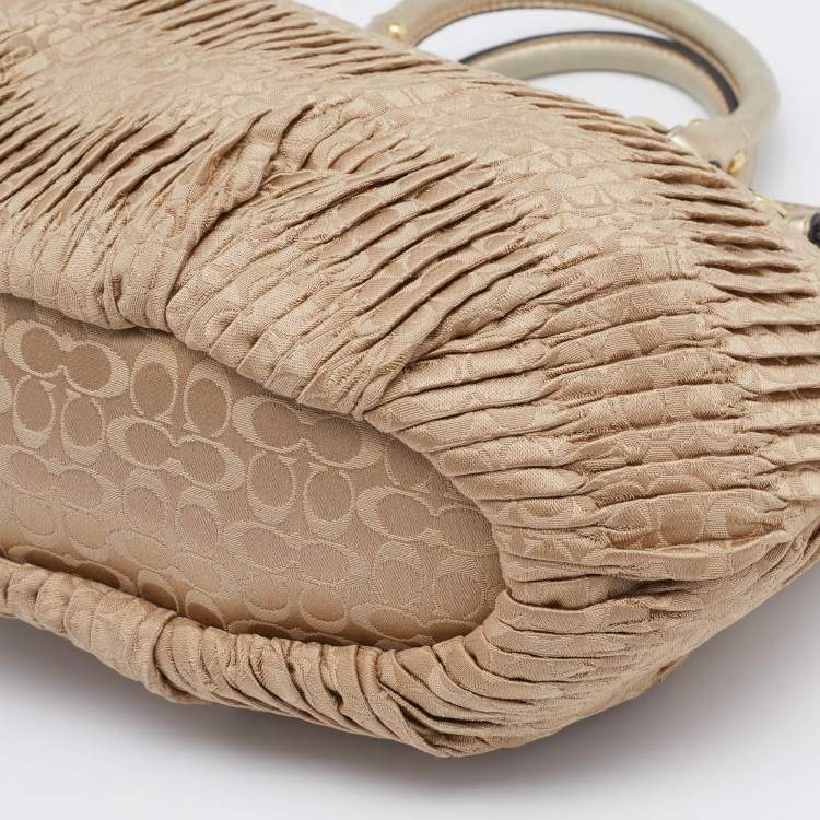 Pre Owned Coach Beige/Gold Signature Pleated Canvas and Leather Sophia Madison Satchel