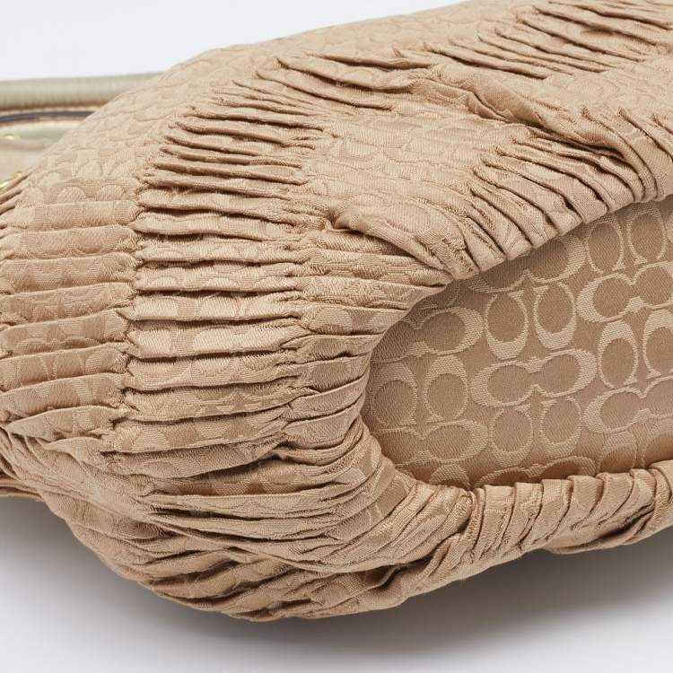Pre Owned Coach Beige/Gold Signature Pleated Canvas and Leather Sophia Madison Satchel