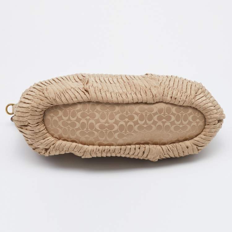 Pre Owned Coach Beige/Gold Signature Pleated Canvas and Leather Sophia Madison Satchel