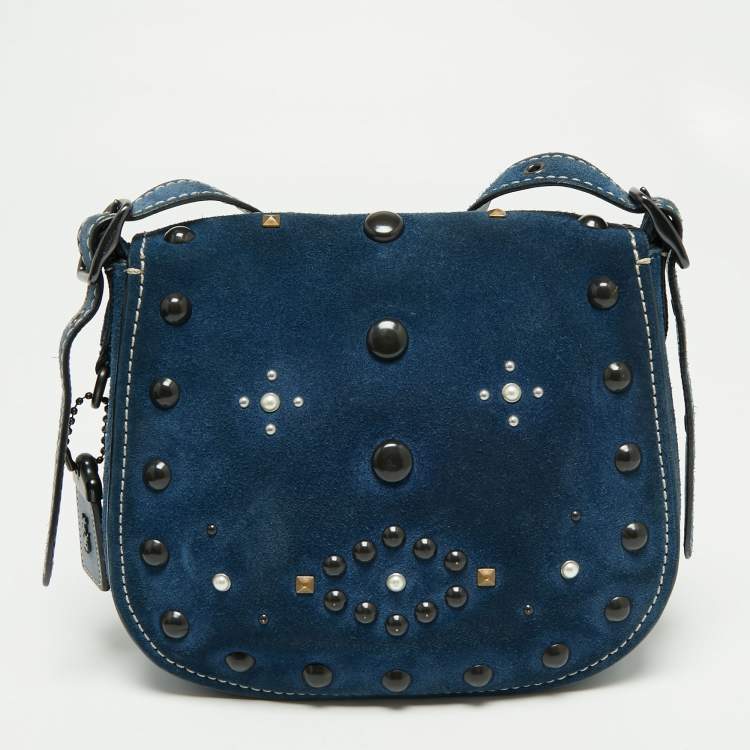 Pre Owned Coach Blue Leather Studded Saddle Crossbody Bag