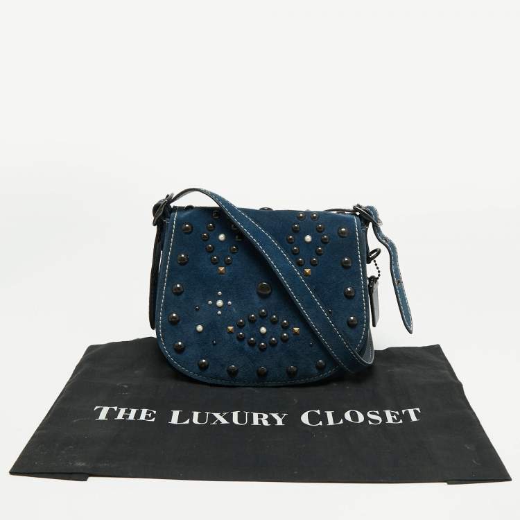 Pre Owned Coach Blue Leather Studded Saddle Crossbody Bag