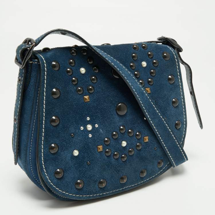 Pre Owned Coach Blue Leather Studded Saddle Crossbody Bag