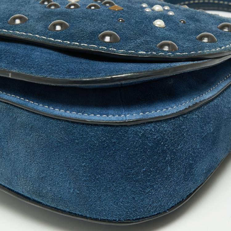 Pre Owned Coach Blue Leather Studded Saddle Crossbody Bag