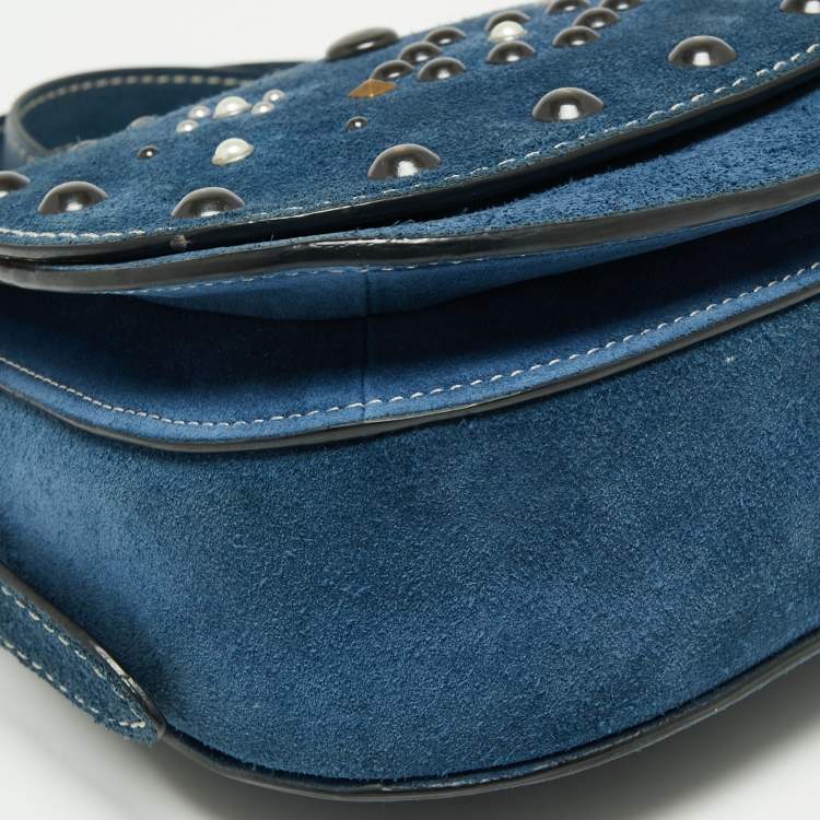 Pre Owned Coach Blue Leather Studded Saddle Crossbody Bag