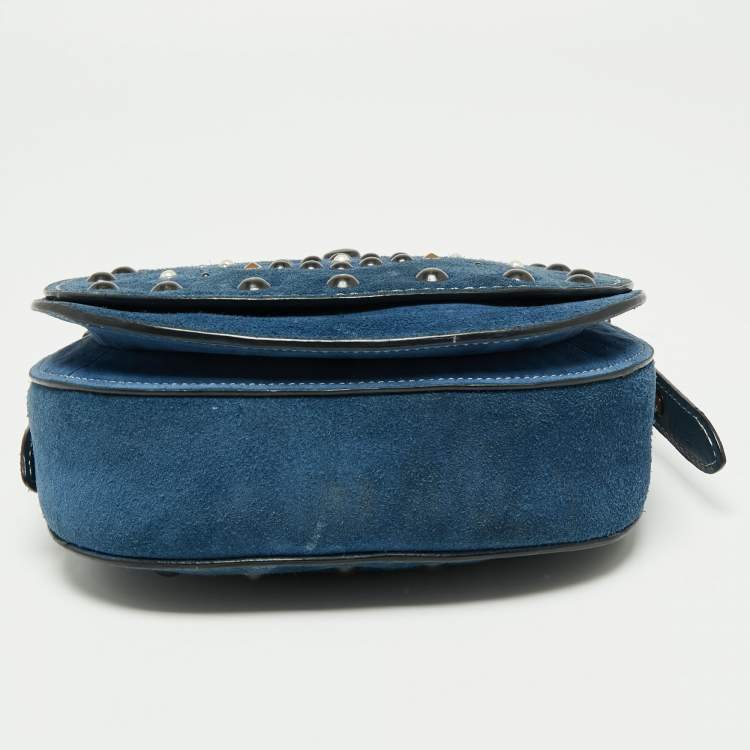 Pre Owned Coach Blue Leather Studded Saddle Crossbody Bag