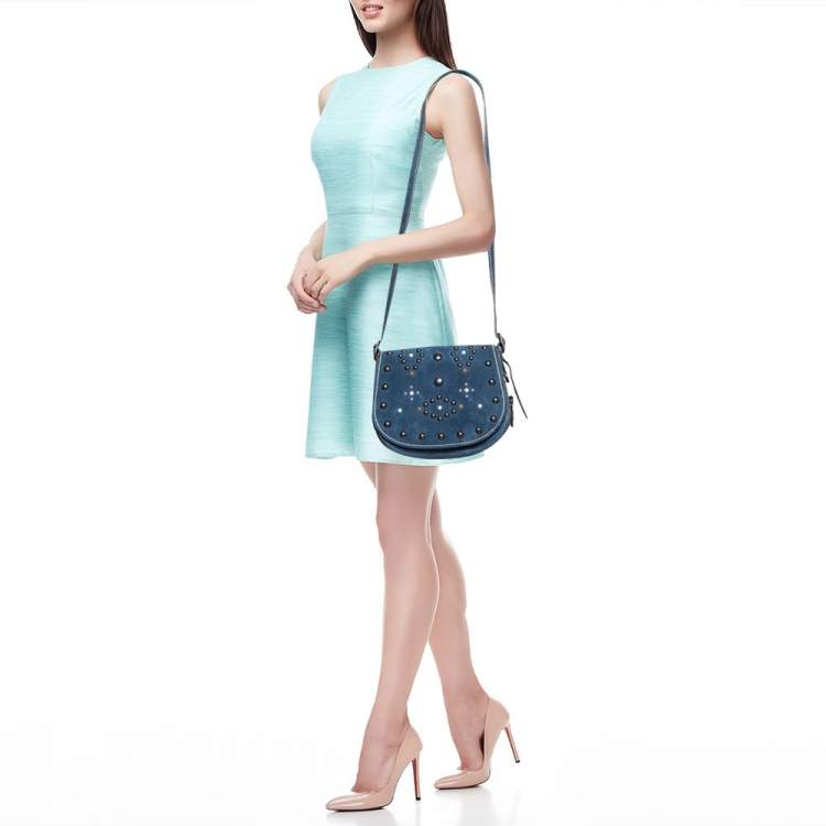 Pre Owned Coach Blue Leather Studded Saddle Crossbody Bag