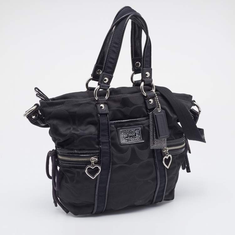 Pre Owned Coach Black Signature Fabric and Patent Leather Daisy Tote