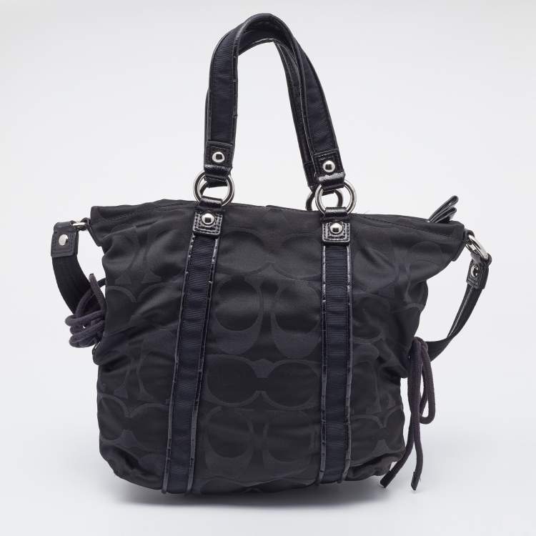 Pre Owned Coach Black Signature Fabric and Patent Leather Daisy Tote