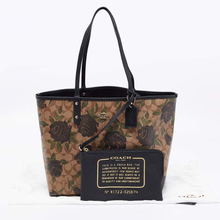 Pre Owned Coach Black/Beige Floral Print Signature Coated Canvas and Leather Reversible City Tote