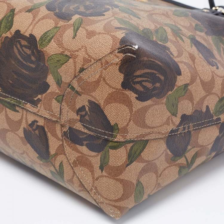 Pre Owned Coach Black/Beige Floral Print Signature Coated Canvas and Leather Reversible City Tote