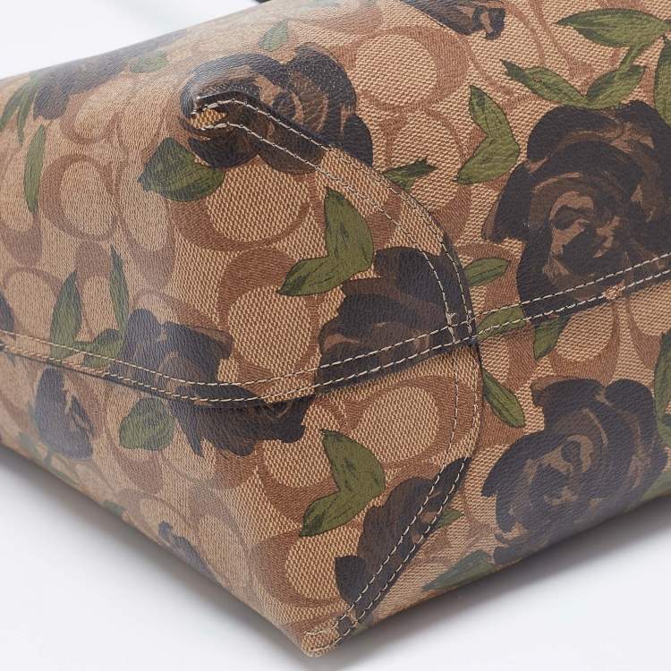 Pre Owned Coach Black/Beige Floral Print Signature Coated Canvas and Leather Reversible City Tote