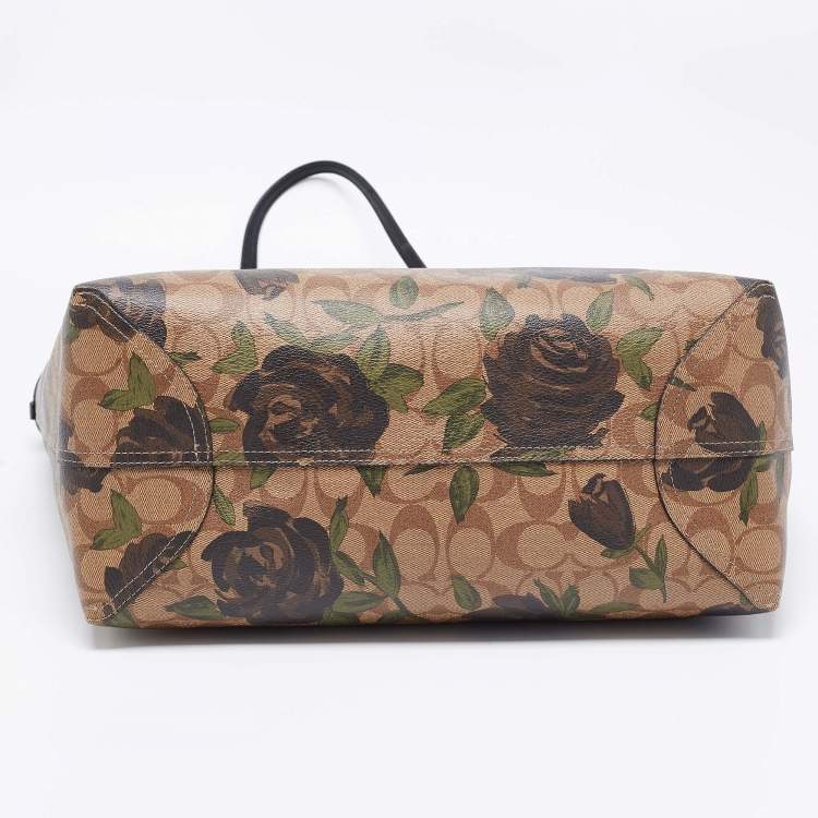 Pre Owned Coach Black/Beige Floral Print Signature Coated Canvas and Leather Reversible City Tote