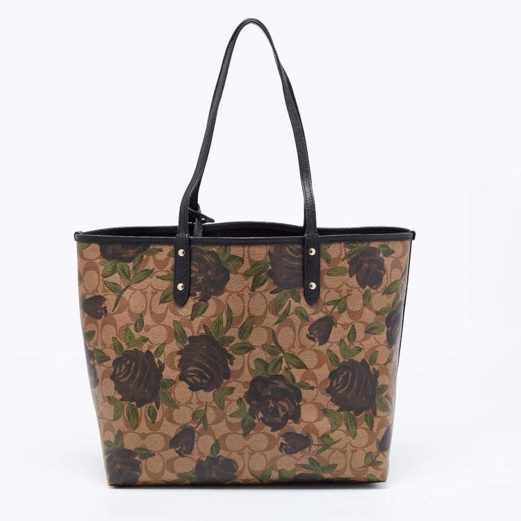 Pre Owned Coach Black/Beige Floral Print Signature Coated Canvas and Leather Reversible City Tote