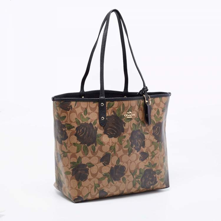 Pre Owned Coach Black/Beige Floral Print Signature Coated Canvas and Leather Reversible City Tote