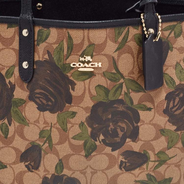Pre Owned Coach Black/Beige Floral Print Signature Coated Canvas and Leather Reversible City Tote