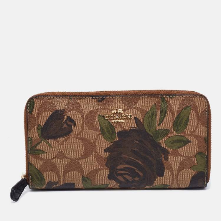 Pre Owned Coach Beige Wildflower Print Coated Canvas Zip Around Continental Wallet