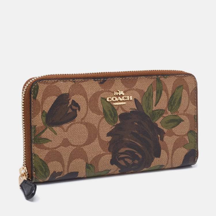 Pre Owned Coach Beige Wildflower Print Coated Canvas Zip Around Continental Wallet