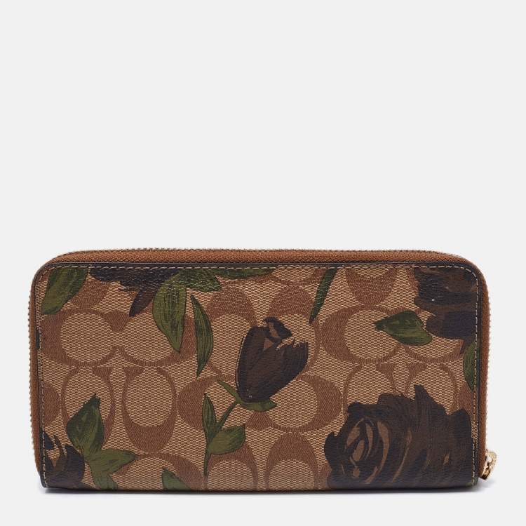 Pre Owned Coach Beige Wildflower Print Coated Canvas Zip Around Continental Wallet