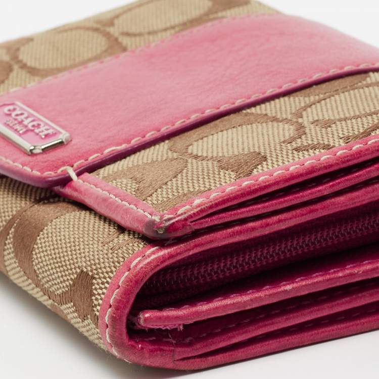 Pre Owned Coach Beige/Pink Signature Canvas And Leather Compact Wallet