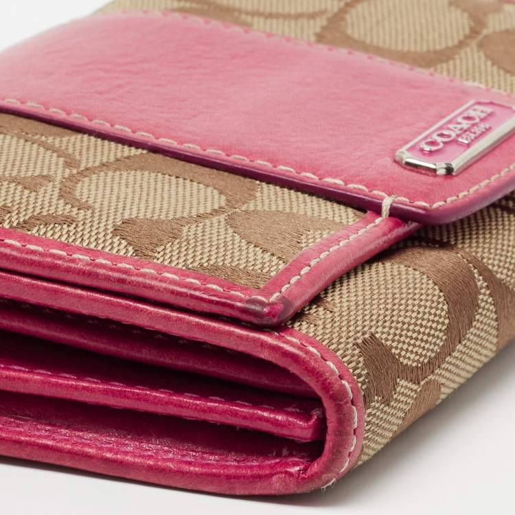 Pre Owned Coach Beige/Pink Signature Canvas And Leather Compact Wallet