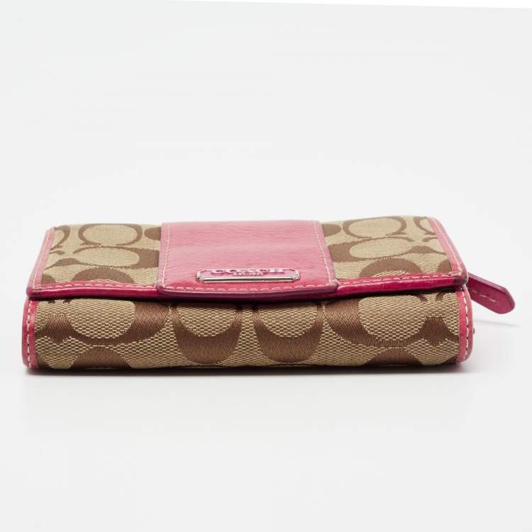Pre Owned Coach Beige/Pink Signature Canvas And Leather Compact Wallet