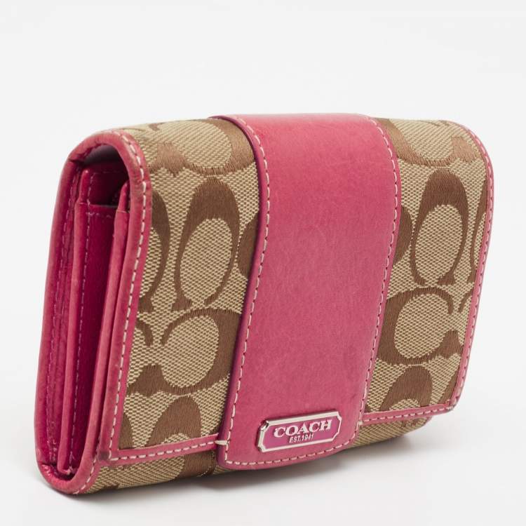 Pre Owned Coach Beige/Pink Signature Canvas And Leather Compact Wallet