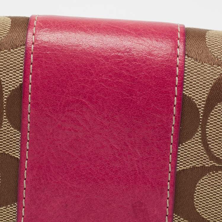 Pre Owned Coach Beige/Pink Signature Canvas And Leather Compact Wallet