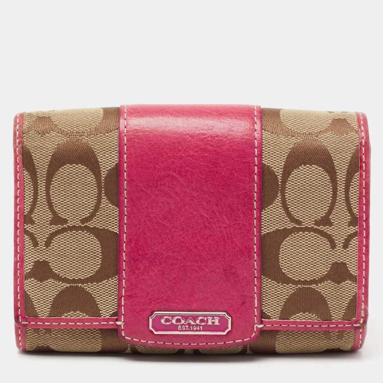 Pre Owned Coach Beige/Pink Signature Canvas And Leather Compact Wallet