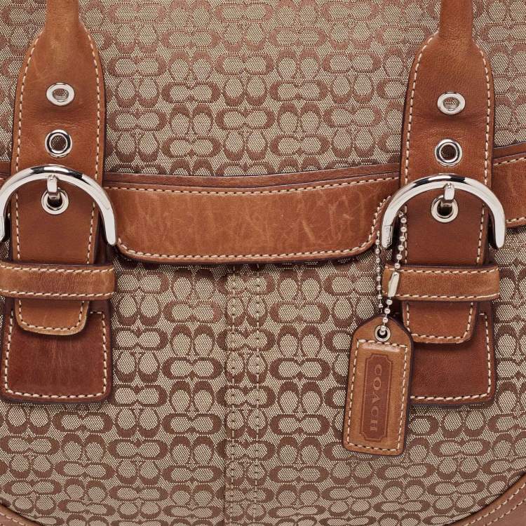 Pre Owned Coach Brown/Beige Signature Canvas and Leather Flap Buckle Satchel