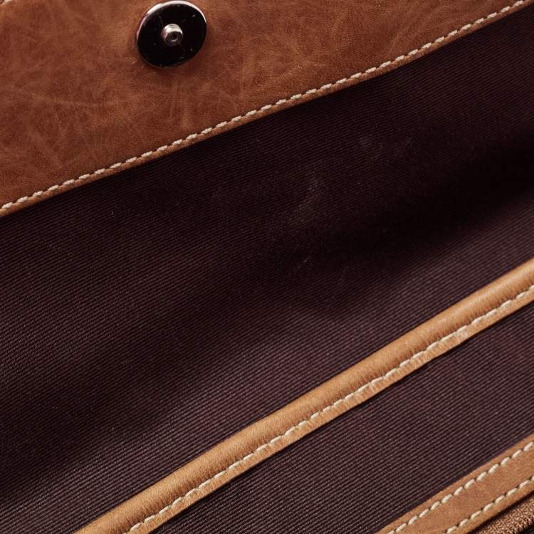 Pre Owned Coach Brown/Beige Signature Canvas and Leather Flap Buckle Satchel