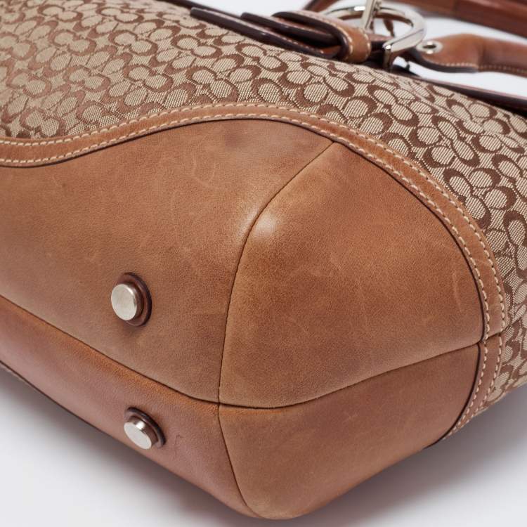 Pre Owned Coach Brown/Beige Signature Canvas and Leather Flap Buckle Satchel