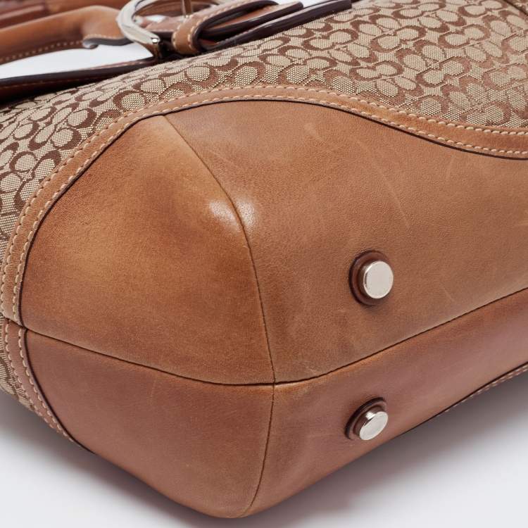 Pre Owned Coach Brown/Beige Signature Canvas and Leather Flap Buckle Satchel