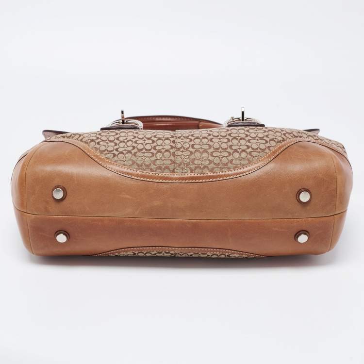 Pre Owned Coach Brown/Beige Signature Canvas and Leather Flap Buckle Satchel